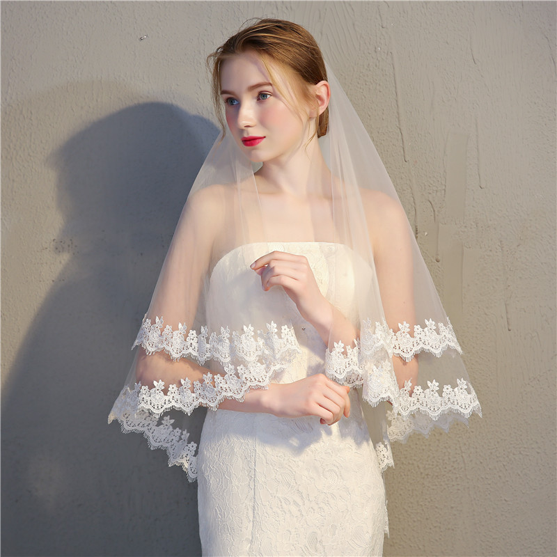 2018 simple short two-layer bridal veils applique soft tulle veils for wedding