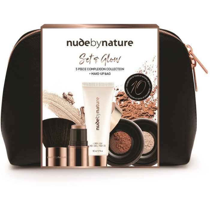 Nude by Nature Set & Glow – 5 Piece Complexion Collection & Make-up Bag | BIG W