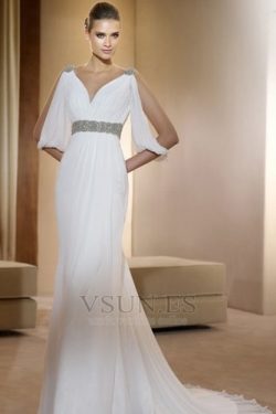 Vestido de novia estilo griego Con velo Abalorio Blanco Moderno Otoño – vsun.es