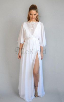 A-Line Zeitloses Gekerbter Ausschnitt Brautkleid mit Gürtel mit Vorne Schlitz – MeKleid.de