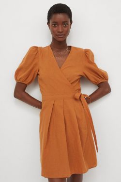 Linen Blend Wrap Dress – Rust brown