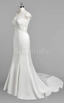 Robe de mariée distinguee naturel fermeutre eclair en satin avec manche courte – GoodRobe