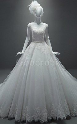 Robe de mariée naturel avec perle a-ligne encolure ronde en tulle – GoodRobe