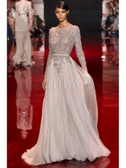 Natural Waist A-Line Plus Size Long Sleeves Appliques Evening Dress – Gillne.com