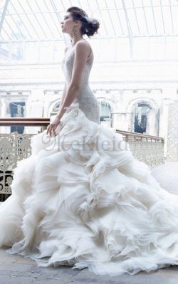 Ärmelloses Organza Elegantes Brautkleid aus Spitze mit Juwel Ausschnitt – MeKleid.de