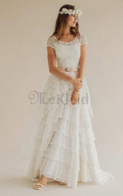 Tüll Schaufel-Ausschnitt Romantisches Legeres Brautkleid mit Plissierungen – MeKleid.de