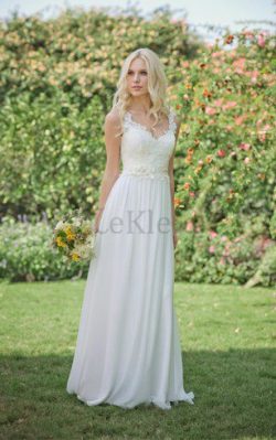 Perlenbesetztes Reißverschluss Romantisches Brautkleid mit Bordüre mit Blume – MeKleid.de